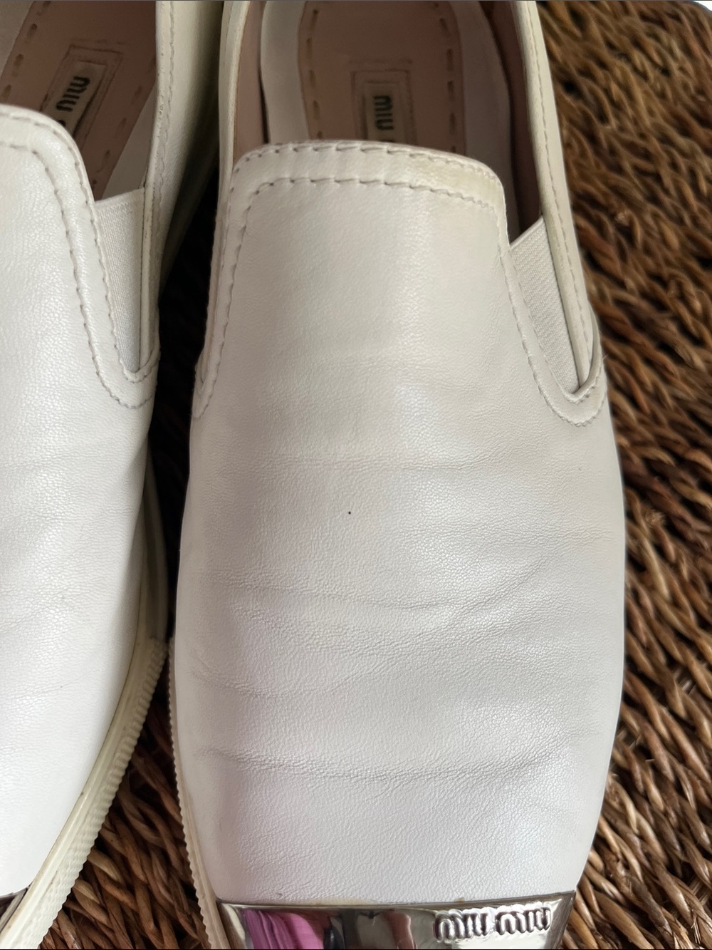 Women’s Miu Miu White/Cream Leather Slip-Ons with Silver Cap Toes - Picture 6 of 13